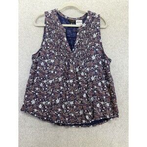 Lucky Brand Women's Blouse Sleeveless Floral Blue Size XL Smocked V Neck Cotton